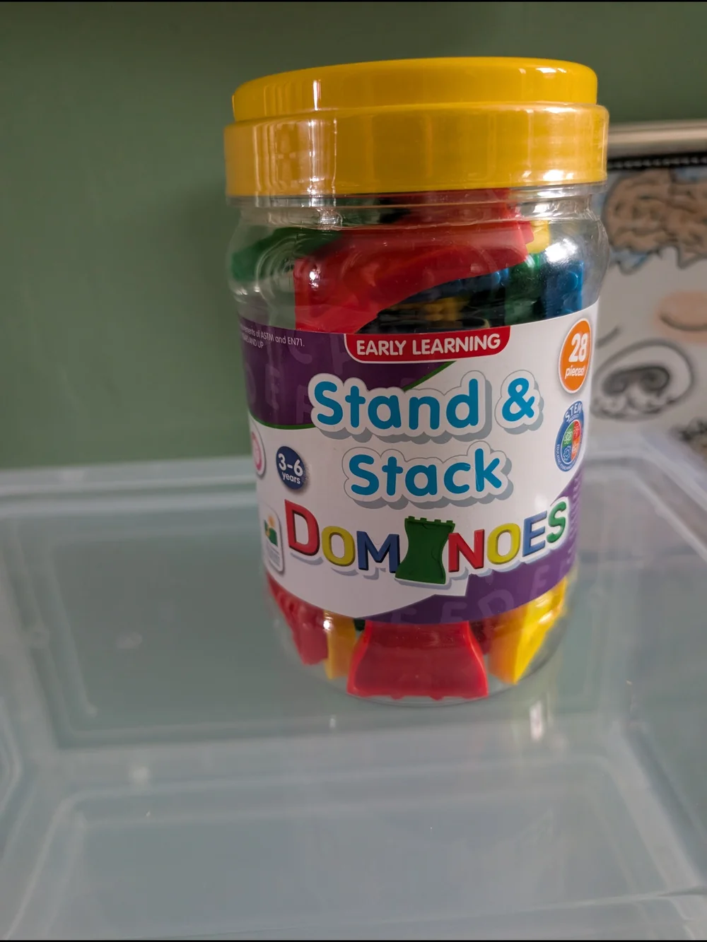 Stand & Stack Dominoes - Yellow Lid, Multicolor Pieces